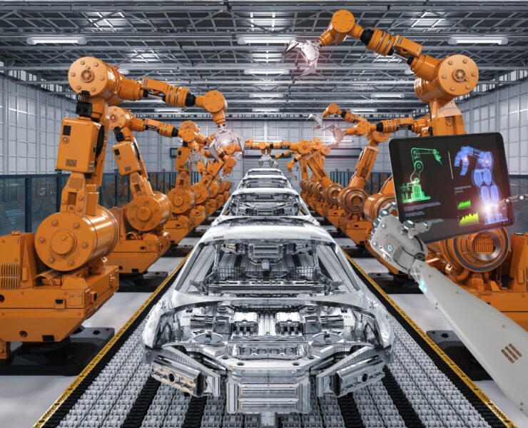 3d rendering cyborg control robot assembly line in car factory