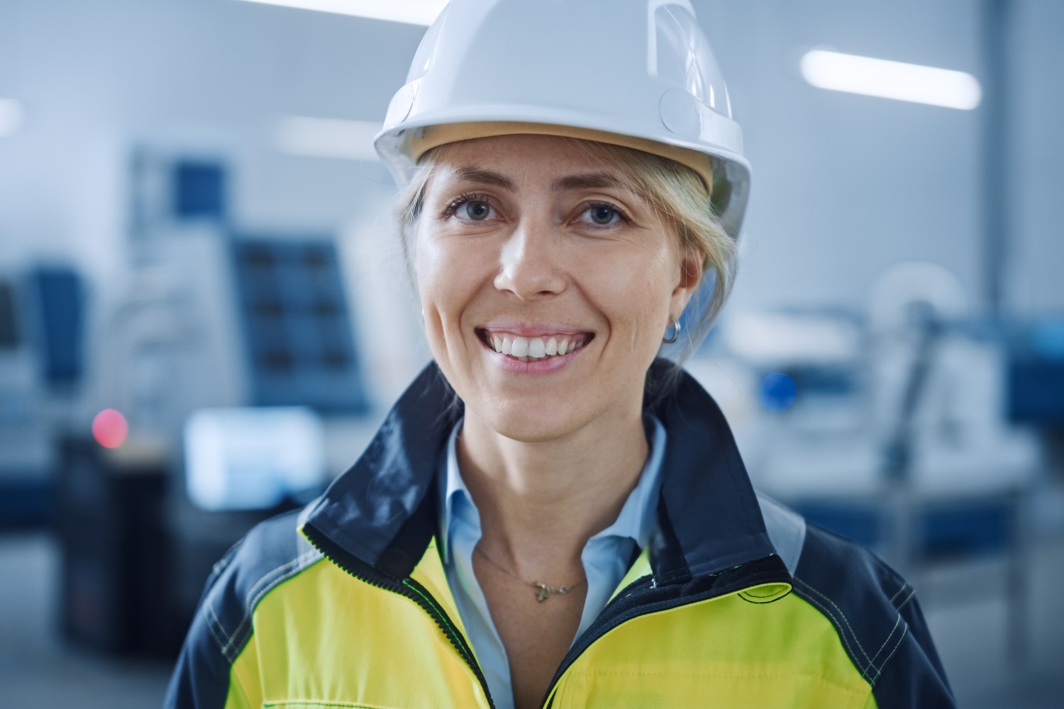 Professional Woman Working in the Modern Manufacturing Factory.