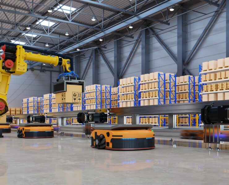 Factory Automation with Automated Guided Vehicles and robotic arm in transportation