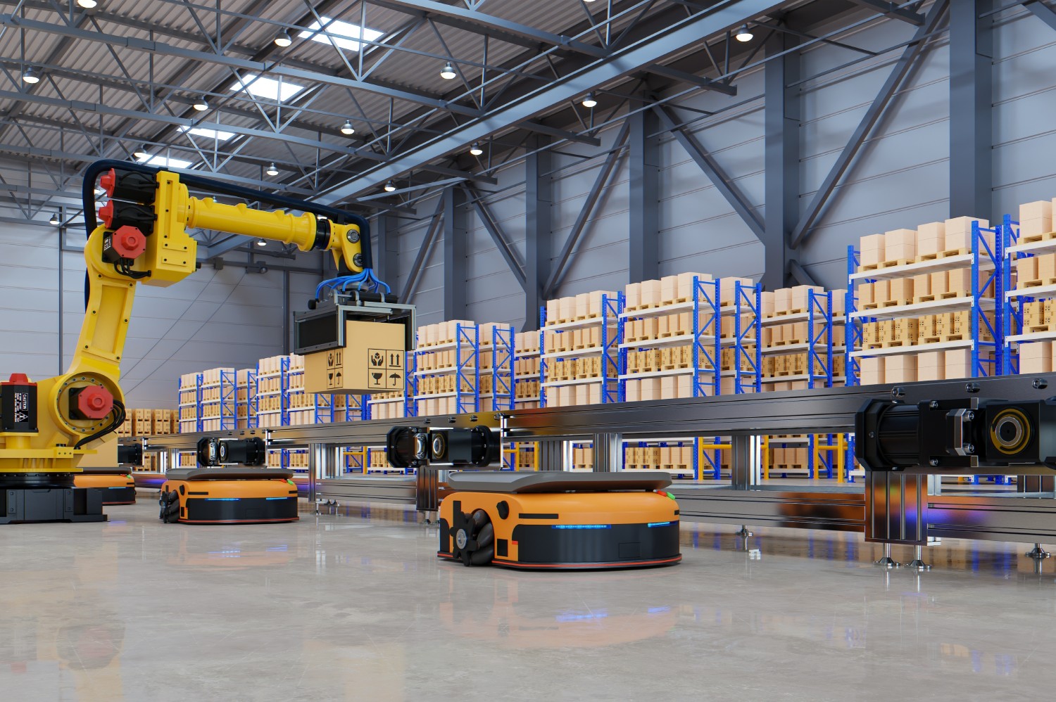 Factory Automation with Automated Guided Vehicles and robotic arm in transportation