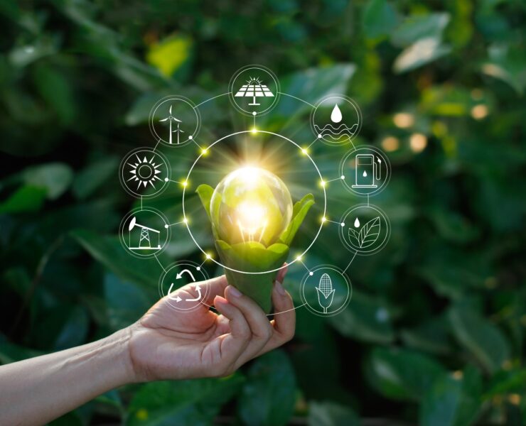 Hand som håller glödlampa mot naturen på grönt blad med ikoner energikällor för förnybar, hållbar utveckling.