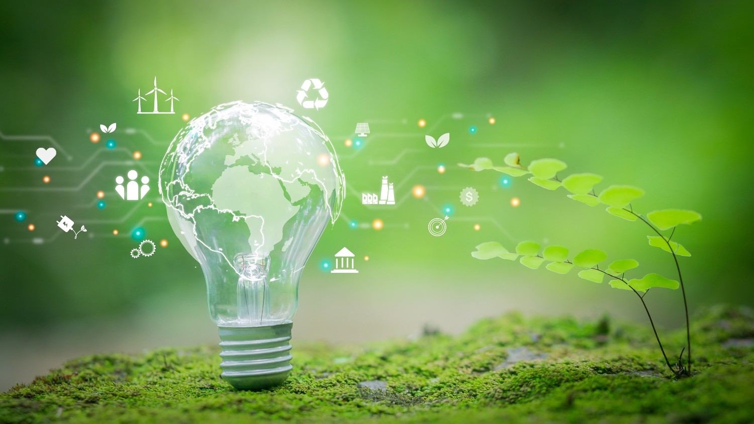 Hand håller glödlampa mot naturen på gröna blad med ikoner energikällor för förnybar, hållbar utveckling. Ekologi koncept.