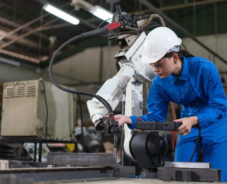 Female automation engineer wear a blue uniform with helmet safety inspection control a robot arm welding machine with a remote system in an industrial factory. Artificial intelligence concept.